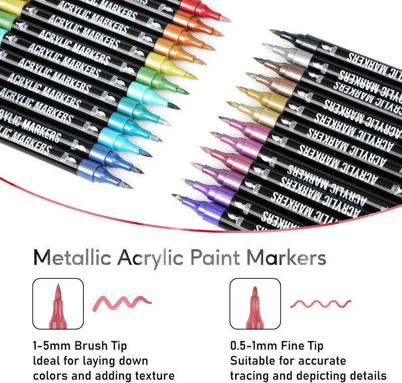 Pagather 24 Metallic Colors Acrylic Paint Markers, Dual Tip with Fine Tip and Brush Tip Pens for Stone, Wood, Calligraphy, Canvas, Ceramic, Metal, Glass, Rock Painting, DIY Crafts - Image 2